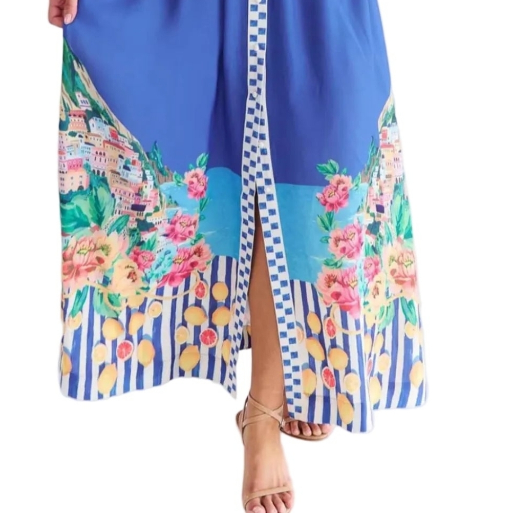 Garden Floral Button-Up Mock Neck Puff Sleeve Wide Belt Slit Front Maxi Dress - Picture 14 of 16